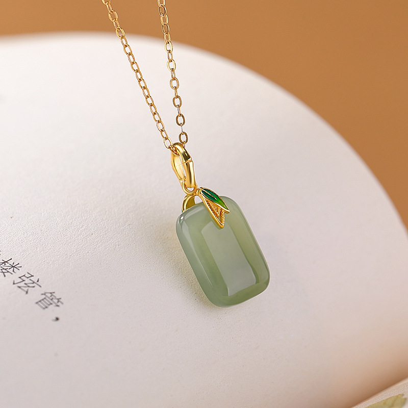 Mặt dây chuyền bạc S925 mạ vàng ngọc bích Hetian tự nhiên hình lá tre phong cách Trung Hoa — Mặt dây chuyền đơn mô hình vàng (không bao gồm dây chuyền)