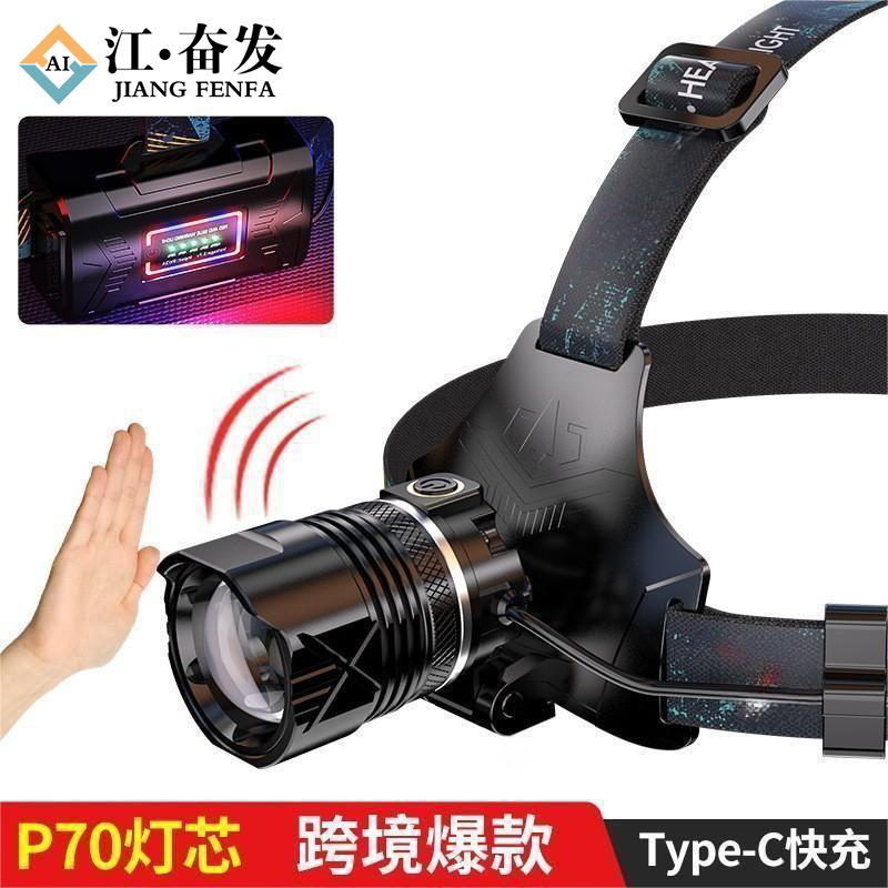 Los fabricantes venden al por mayor luces de pesca nocturna de luz fuerte transfronteriza, luz de minero de inducción, carga USB, luz delantera de emergencia inteligente montada en la cabeza