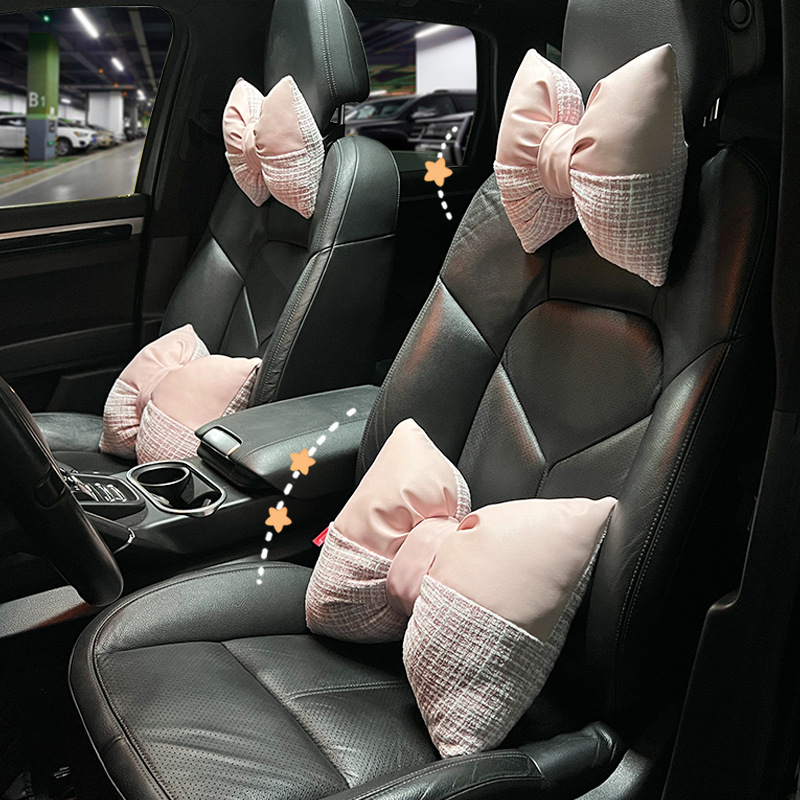 Small French Car Headrest, Cotton Linen Soft Comfort Car Neck Pillow Waist Pillow, Universal All-Season Car Cushion for Women