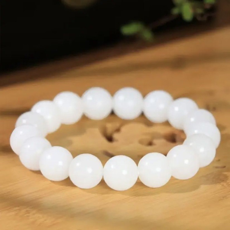 Vòng tay ngọc bích trắng Hetian tự nhiên Tân Cương hạt tròn đơn giản một vòng — Vòng tay cửa hàng ngọc bích trắng Hotan chính hãng Tân Cương tự nhiên chi tiết 6