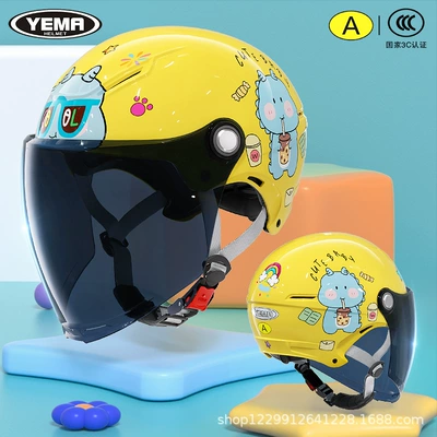 Mustang Kidsren's Helmet for Girls, Motosiklet kaskı (dəbilqə) - summer-style-lemon-yellow-little-dinosaur-ink-blue-long-mirror