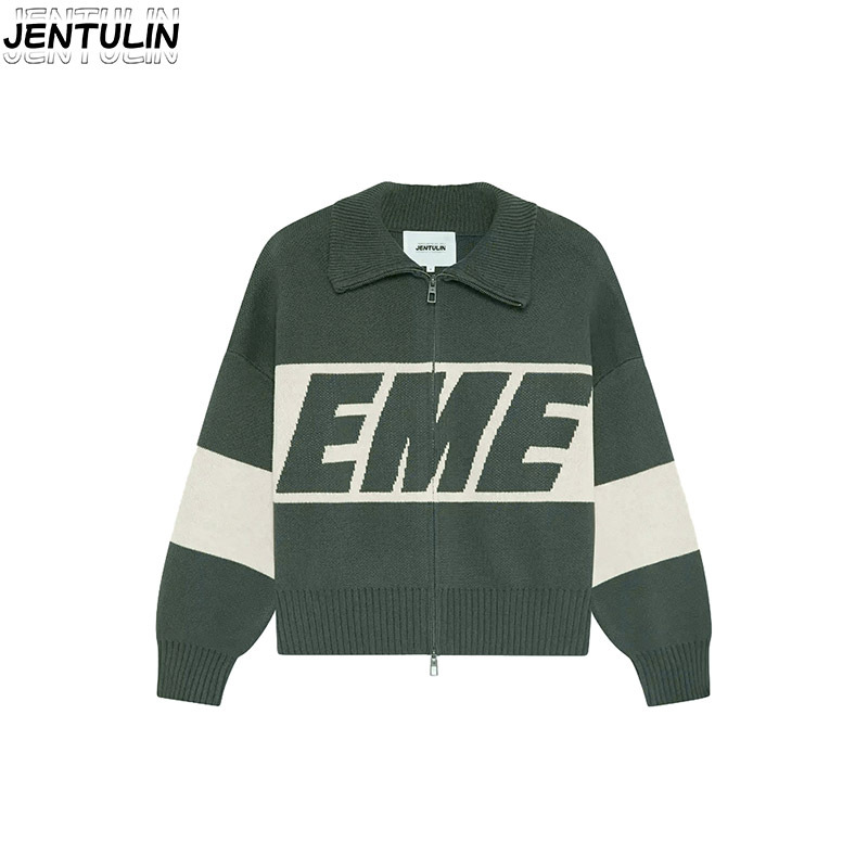 Other Brand Zip Sweater EME Letter Jacquard Green