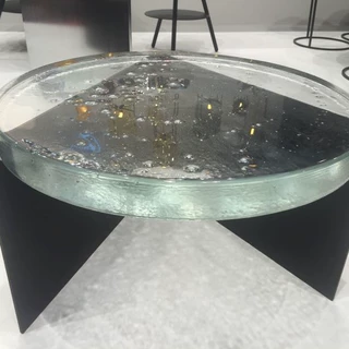 佛山市玻璃工厂直发现代简约风圆形压铸玻璃茶几多颜色纹路可选