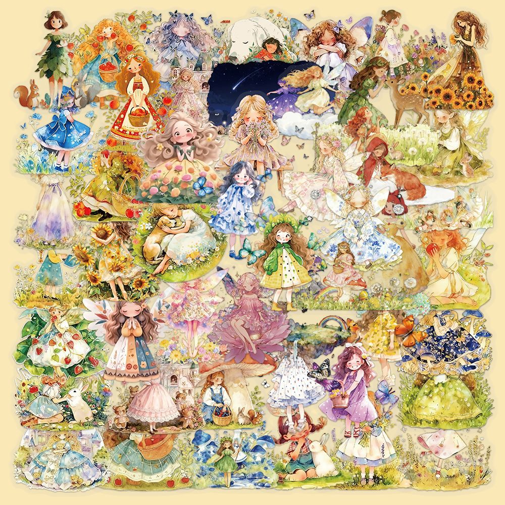 50张童话公主贴纸可爱卡通涂鸦装饰透明PET防水手账水杯行李箱贴