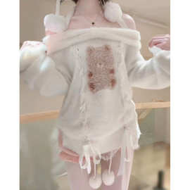 2025甜美雪球软萌可爱设计猫咪一字小熊针织新款上衣宽松毛衣