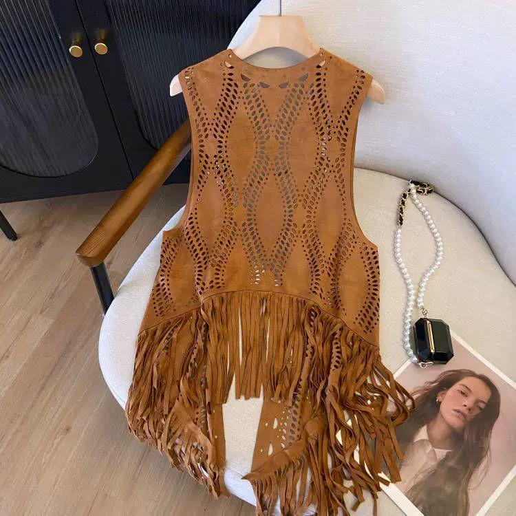 Xinjiang Travel Hollow Western Vest Style Women's Thin Tassel Retro Suede Wandering Cowboy