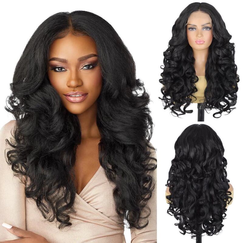 European and American Style Women's Fluffy Yaki Front Lace Wig Long Curly Hair Wig 13*6 Synthetic Fiber Wig Lace Wig