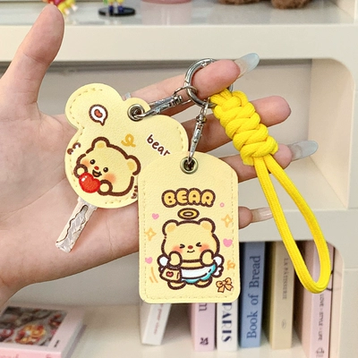 Electric vehicle key cover shell: Battery Vehicle, Motorcycle Key Chain - yellow-braided-rope-double-card-holder-butter-bear-2
