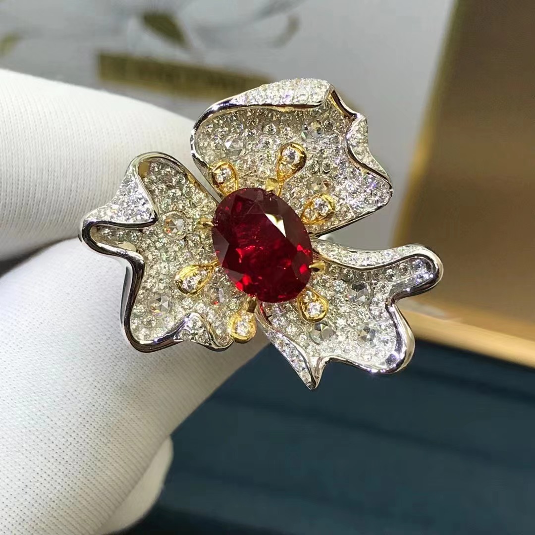 TikTok Live cross-border Venta caliente material de plata gruesa Anillo de Arte de corte ovalado artificial de corte Ruby Rose