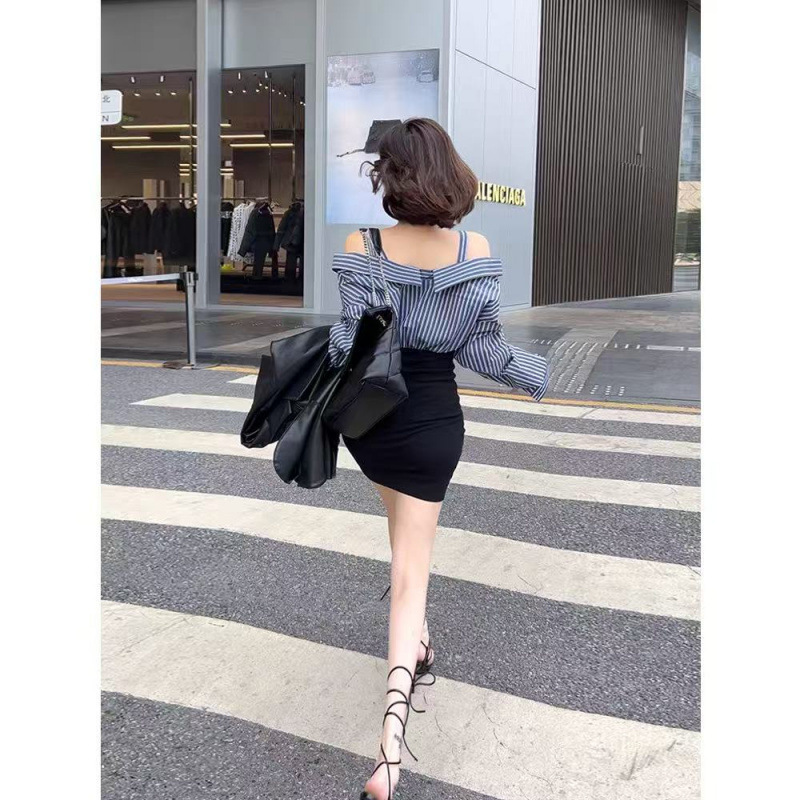 假两件拼接一字肩吊带长袖连衣裙女秋季新款短裙条纹衬衫裙子|undefined