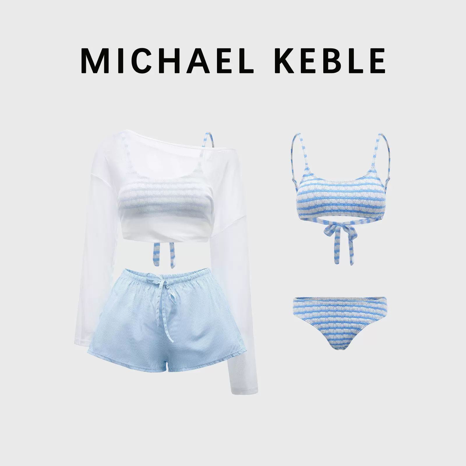 法国MICHAEL KEBLE 高级感分体泳衣女条纹比基尼防晒罩衫度假泳装