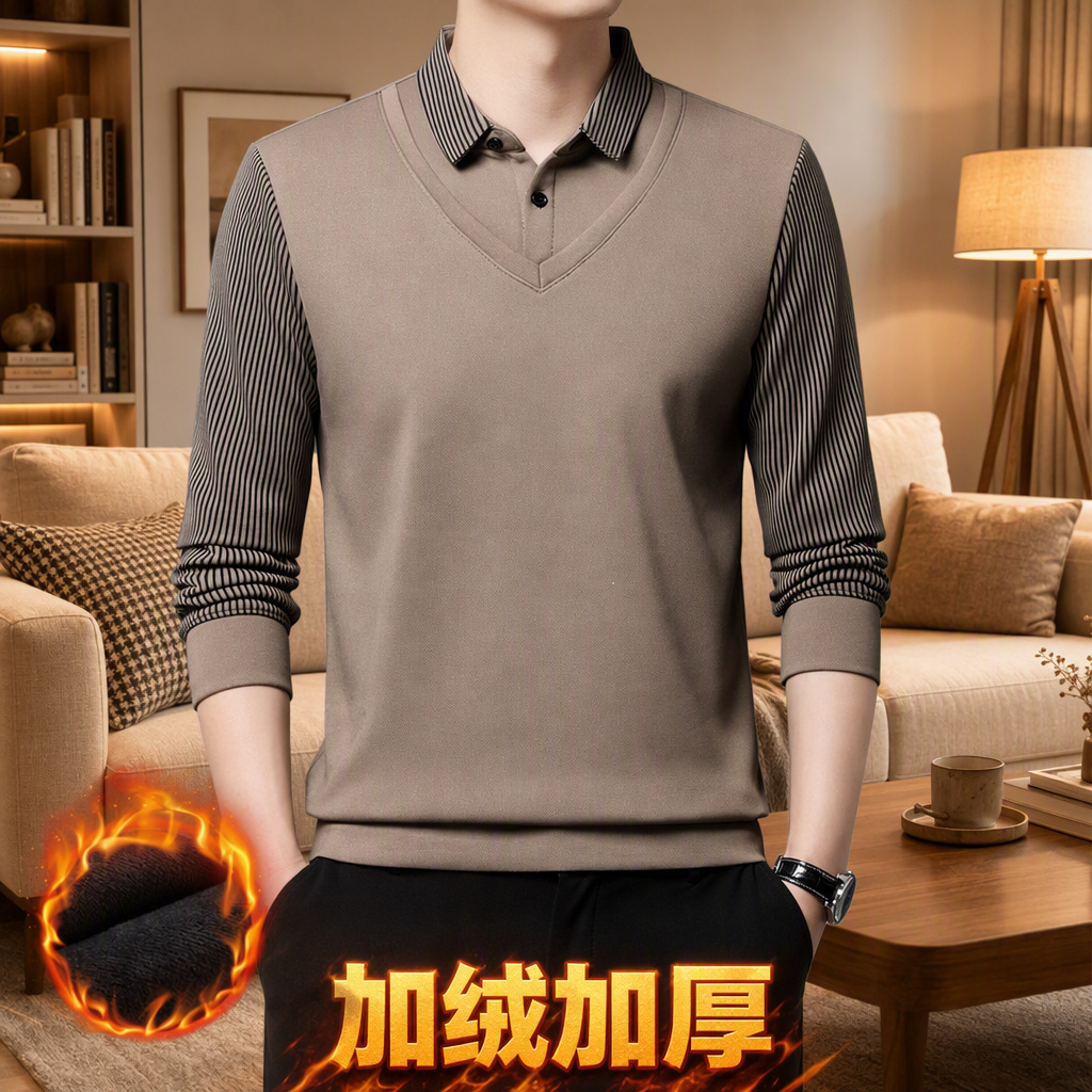 Cross-border foreign trade fleece-lined thickened faux two-piece long-sleeve Polo shirt for men, winter warm base shirt for middle-aged men, men's T-shirt
