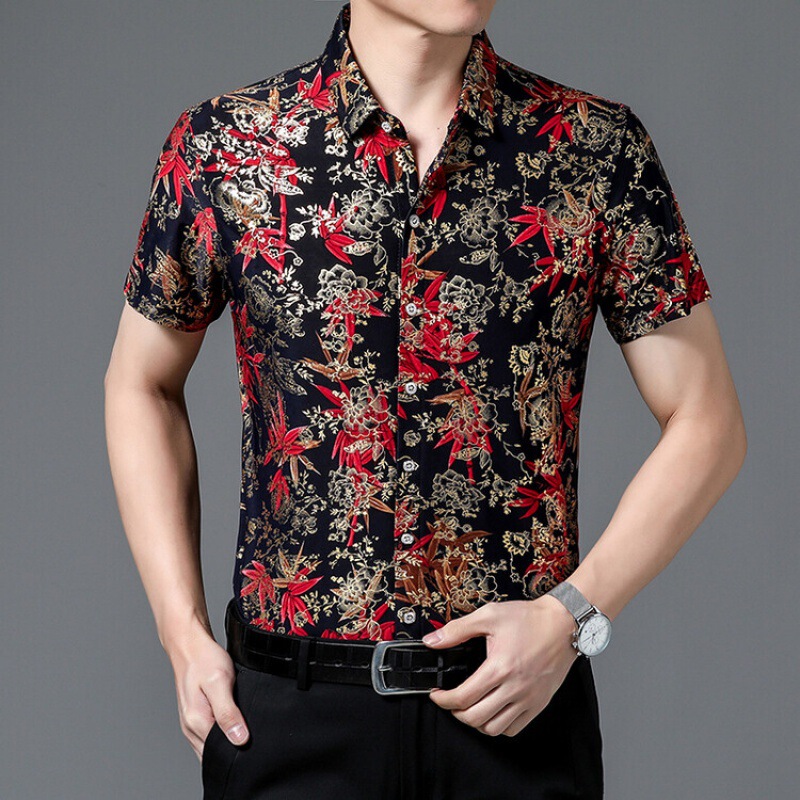 Father's Day Ice Silk Short-sleeved Shirt Men's Middle-aged Dad Summer Clothes Middle-aged and Elderly Summer Loose Casual Flower Shirt Men's