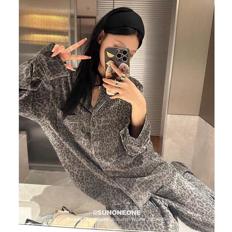 德绒睡衣女秋冬季新款豹纹开衫翻领加厚高级感宽松情侣家居服套装|undefined
