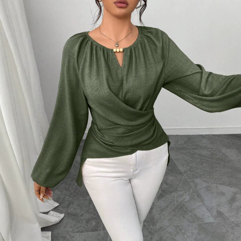 2025 Foreign Trade Cross-Border Autumn and Winter Women's Lace-Up Woven Irregular Hem Long-Sleeved T-Shirt 2025 Foreign Trade Cross-Border Autumn and Winter Women's Lace-Up Woven Irregular Hem Long-Sleeved T-Shirt