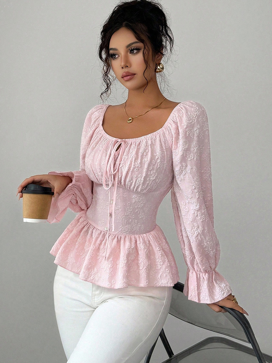 Ruihou Women's French Design U Neck Tie Waist Long Sleeve Blouse Casual Elegant Fashion Thin Top For Spring/Autumn_ecoleips.com