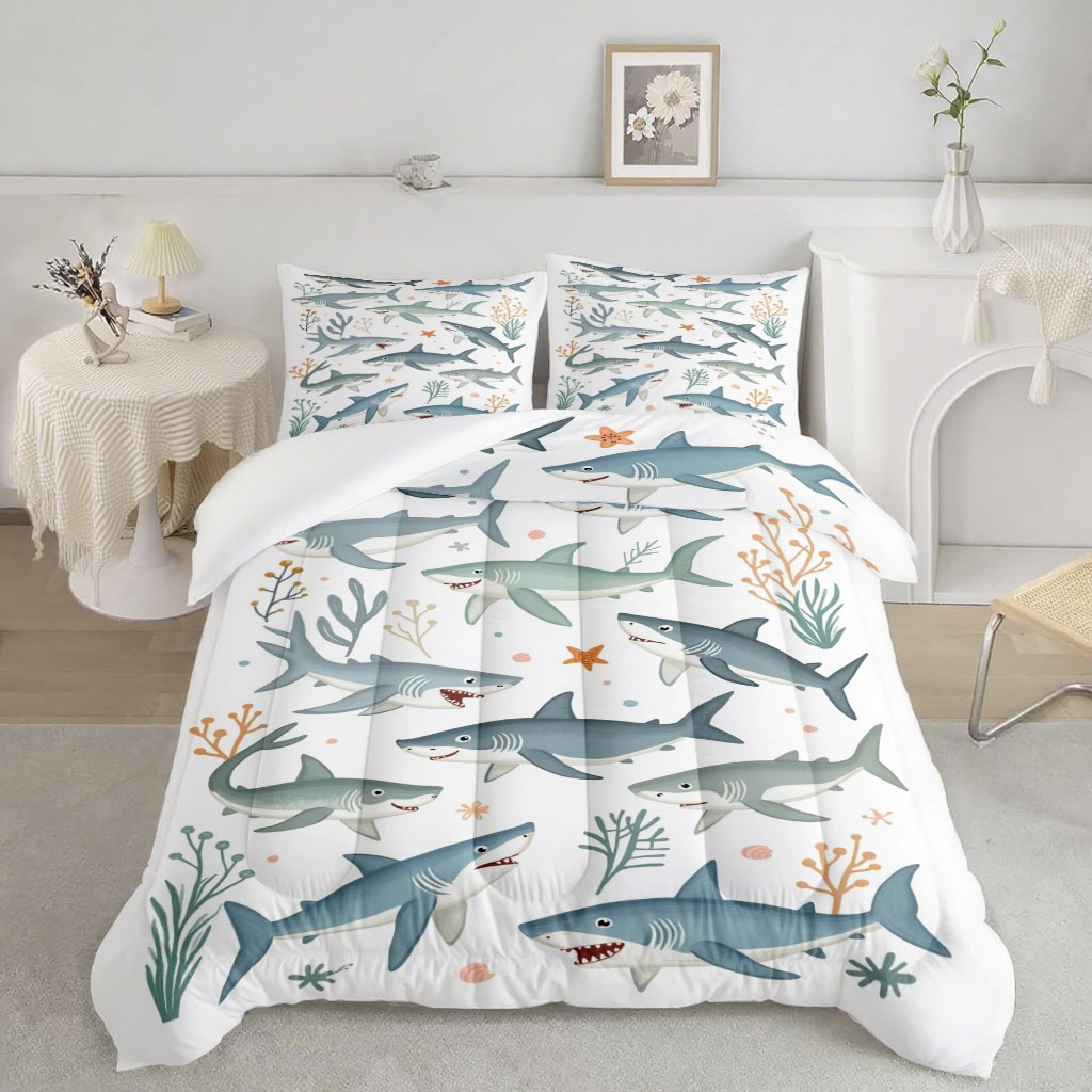 TEMU / JIT dibujos animados pequeños tiburones transfronterizos textiles de alta definición impresión digital 180gms set de edredón fábrica cabello recto