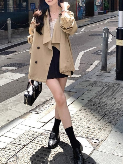 夏诗文 莱赛尔天丝棉撞色扣荡领上衣女秋廓形可调节扣袢风衣外套|undefined