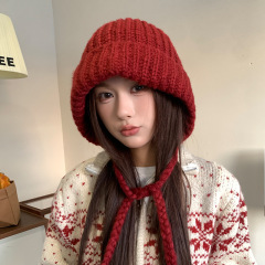 红色针织帽子女冬季雷锋帽大头围保暖护耳毛线帽加厚巴拉克拉法帽