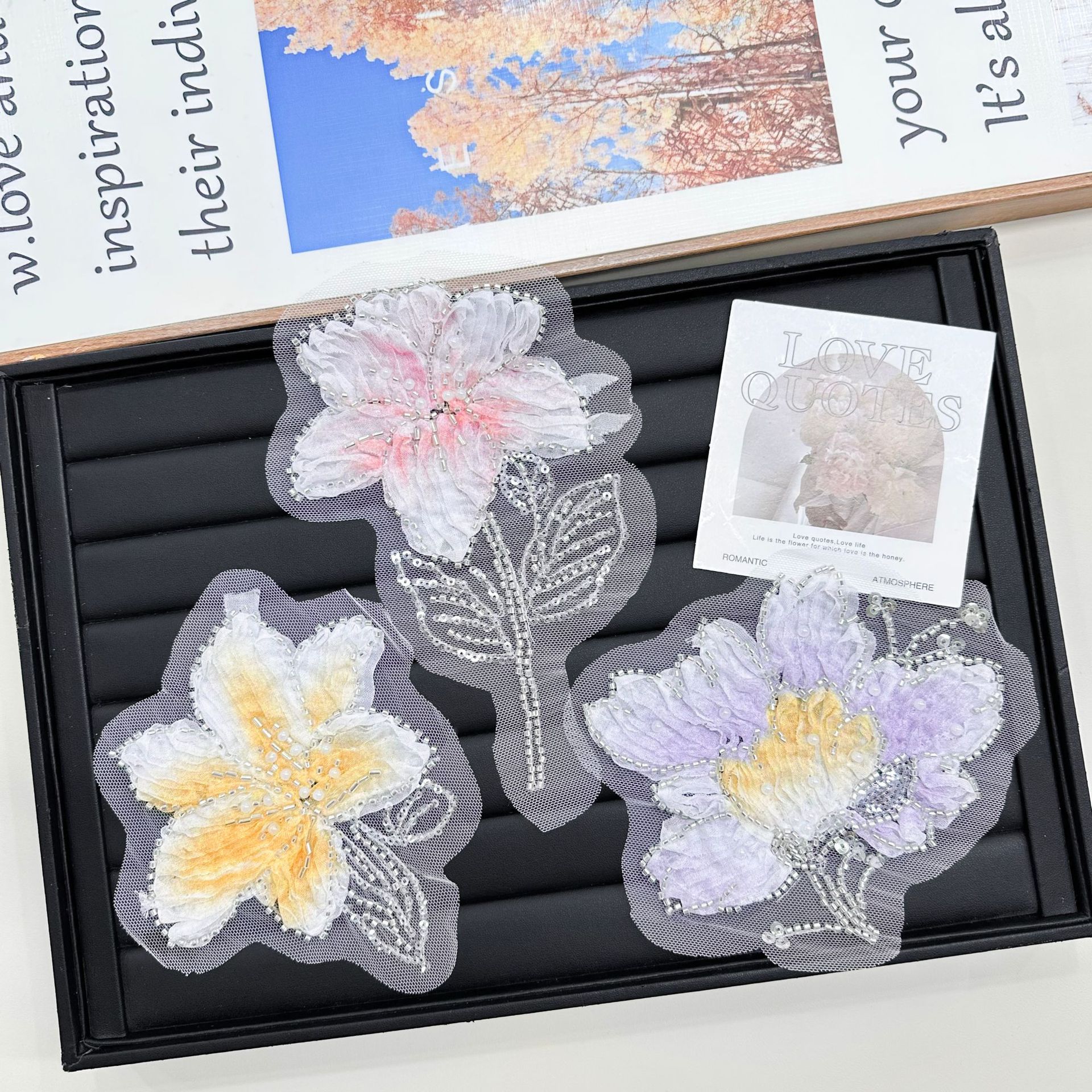 Inventario estereoscópico colorido gradiente floral bordado pegatinas de clavos manuales esquinillas de malla floral vestido decoración de tocado image 4