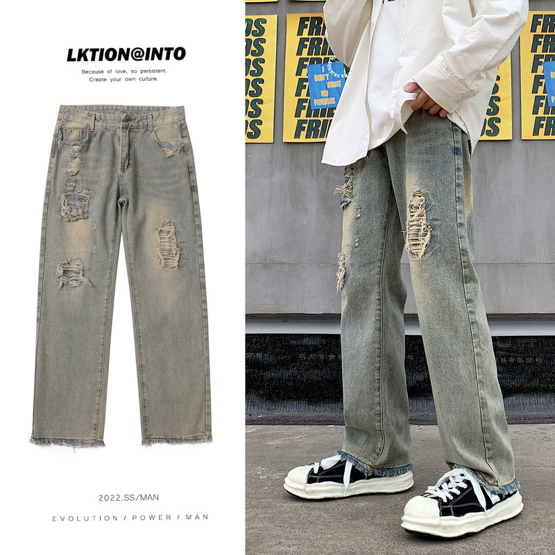 Japanese retro ripped jeans men's Hong Kong style street hip hop trendy loose bf casual distressed frayed wide-leg pants