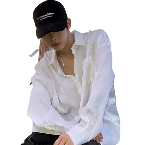 Ice Silk Cool & Handsome Shirt for Men: Lazy Style, Instagram-Worthy Drape Effect, Slimming Summer Look—Lightweight White Long-Sleeve Design with a Relaxed Fit
