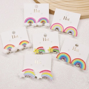 New Children's Cartoon Bright Pink Rainbow Fake Earrings Girls Sweet Cute Ear Clip Women's Earrings
