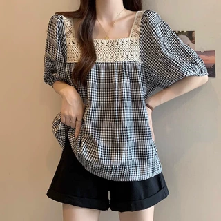 【原版面料】大码女装夏季拼接花边泡泡袖格子短袖衬衫显瘦百搭上