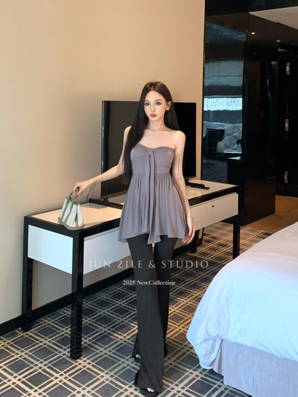 纯欲风带胸垫抹胸上衣修身开衫外套休闲微喇叭长裤子套装女秋装|undefined