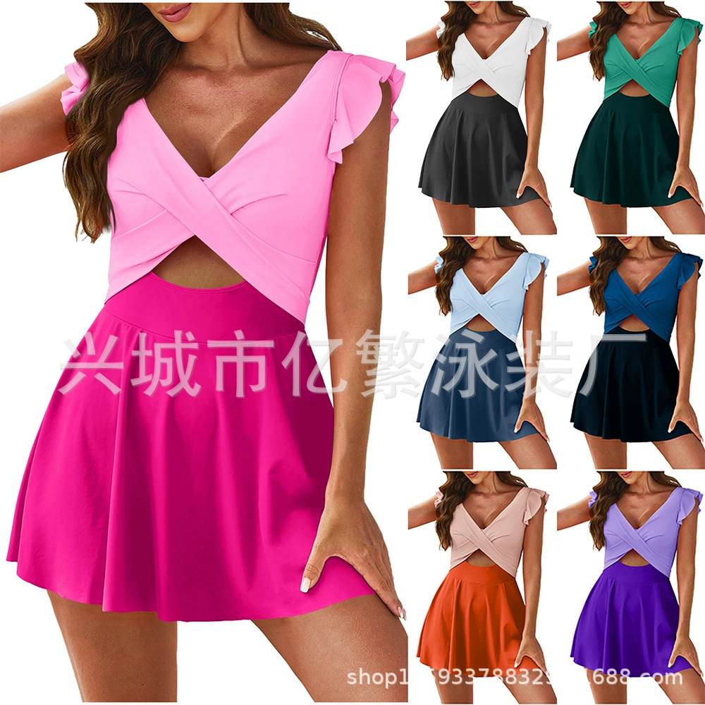 2024 купальник Amazon цельная юбка консервативный Контрастный ЦВЕТНОЙ купальник с вышивкой женский лист лотоса с летящим краем консервативный купальник европейский и американский