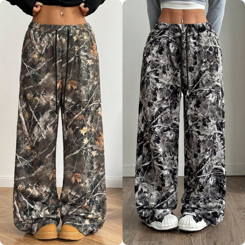 Amazon 2025 Aliexpress European and American Cross-Border Fashion Versatile Drawstring Sports Camouflage Leaf Print Low-Waist Pants