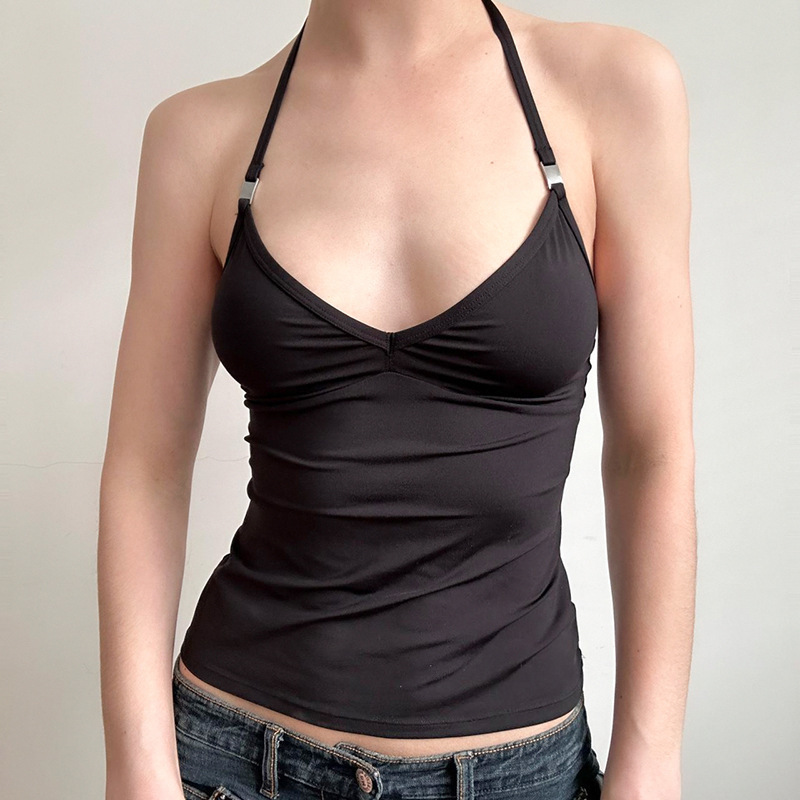 Elegant Cool Hot Girl Style V-neck Hanging Neck Metal Decoration Slim-fit Slimming Casual Camisole Simple Top Elegant Cool Hot Girl Style V-neck Hanging Neck Metal Decoration Slim-fit Slimming Casual Camisole Simple Top