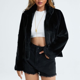 European and American Women's Faux Fur Slim-Fit Coat Fluffy Fashion Long Sleeve Collar Fur Coat Faux Rex Rabbit Fur