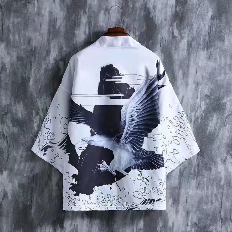 Men's Three-Quarter Sleeve Printed Thin Sun-Protective Shirt Summer Trendy Chinese Style Hanfu Robe Japanese Kimono