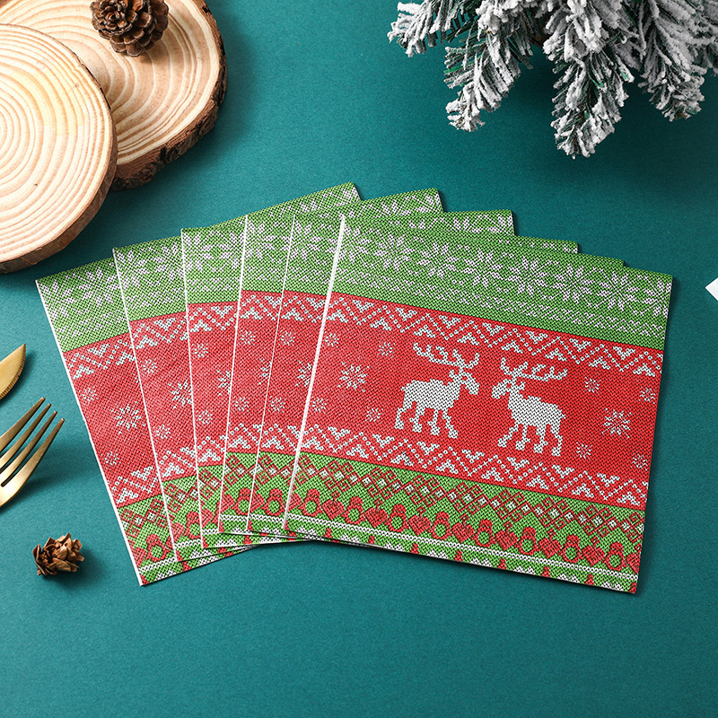 Red and Green Knitted Style Christmas Reindeer Napkins, Ambiance Decoration for Hotels and Guesthouses, Printed Disposable Paper Napkins Red and Green Knitted Style Christmas Reindeer Napkins, Ambiance Decoration for Hotels and Guesthouses, Printed Disposable Paper Napkins