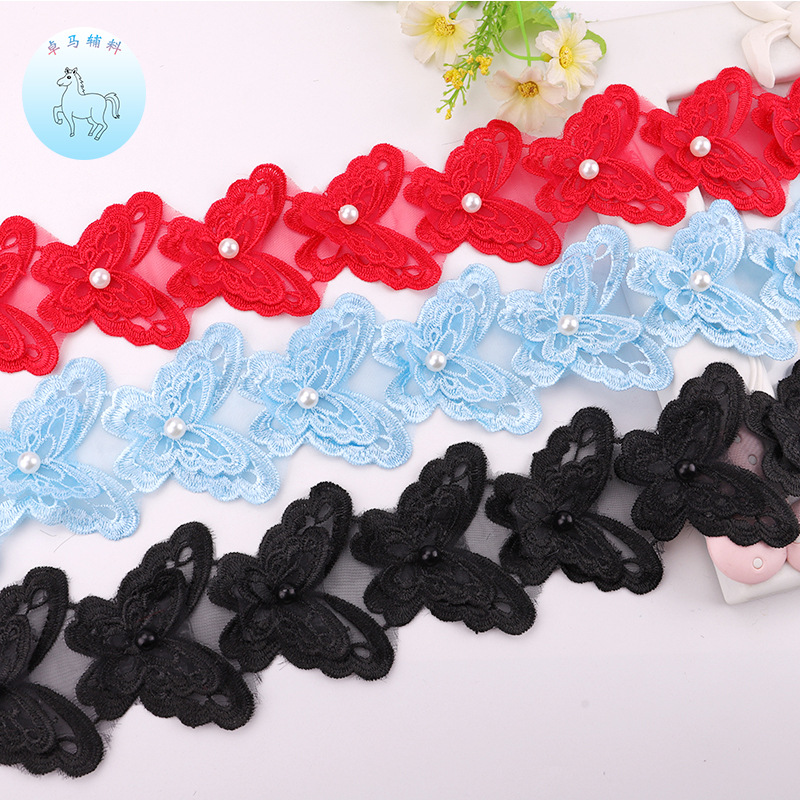 Factory spot double -layer butterfly handmade pearl lace barcode…