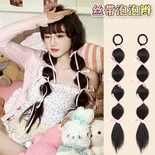 Factory Hot Sale Female Horse Tail Hair Band with Ribbon, Bubble Ponytail Hair Band Style Fake Boxing Braids Hair Extensions in Stock
