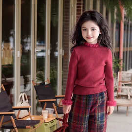 女童打底毛衣新款儿童洋气木耳边绒边针织衫半高领小女孩宝宝上衣