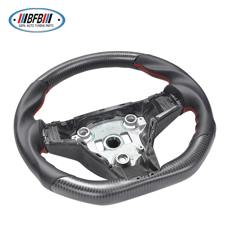 100% Real Carbon Fiber Matte Black Steering Wheel with Black Smooth Leather and Red Stitching - For Tesla Model Y - Steering Wheel Modification