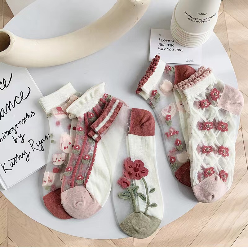 Spring and Summer socks women's all-match comfortable crystal glass silk ankle socks Korean cute lace sweet Mori low-top socks