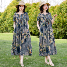国风新款气质棉绸连衣裙年轻款妈妈气质碎花中老年夏季人造棉裙子