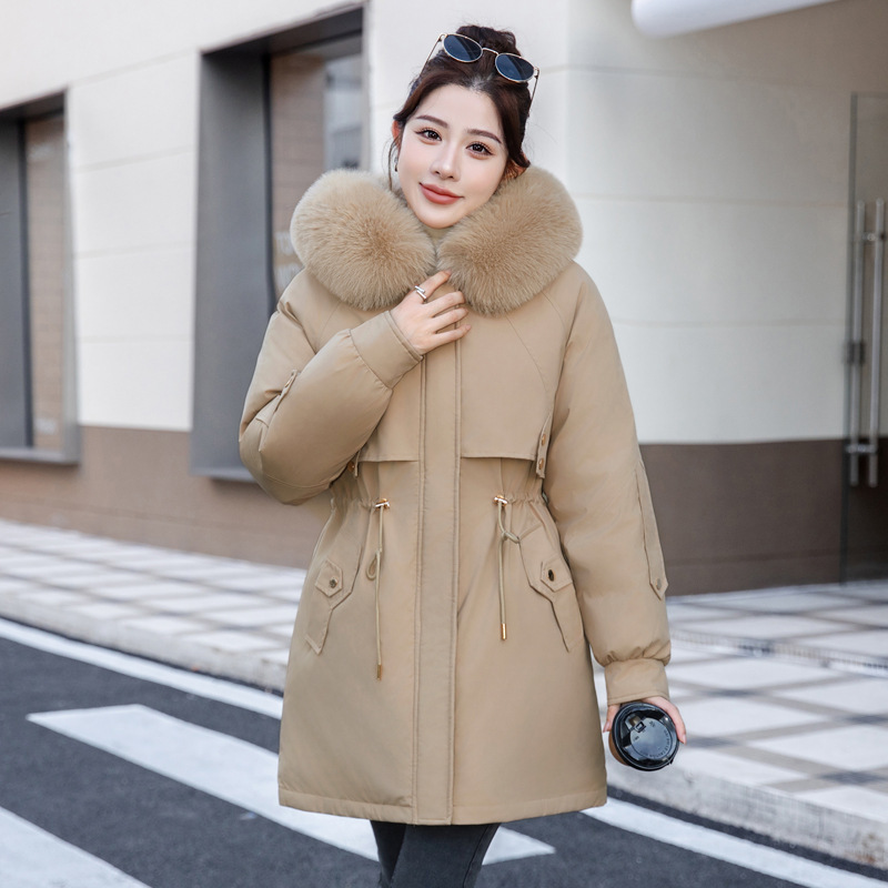 M-6Xl Winter Large Fur Collar Mid-Length Parka Cotton Jacket Women's Fashion Cotton Jacket Fleece-Lined Cotton Jacket