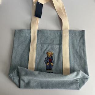 Lotte Japanese and Korean Polo Webbing Denim Suit Bear Embroidered Canvas Bag Shopping Bag Shoulder Tote Bag Tote