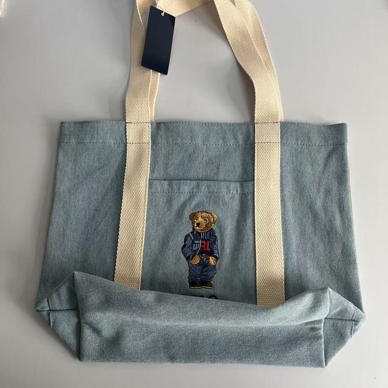 Lotte Japanese and Korean Polo Webbing Denim Suit Bear Embroidered Canvas Bag Shopping Bag Shoulder Tote Bag Tote Lotte Japanese and Korean Polo Webbing Denim Suit Bear Embroidered Canvas Bag Shopping Bag Shoulder Tote Bag Tote