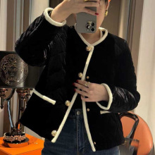 高端撞色边金属扣棱形格衍缝短款棉服小香千金风金丝绒加棉外套