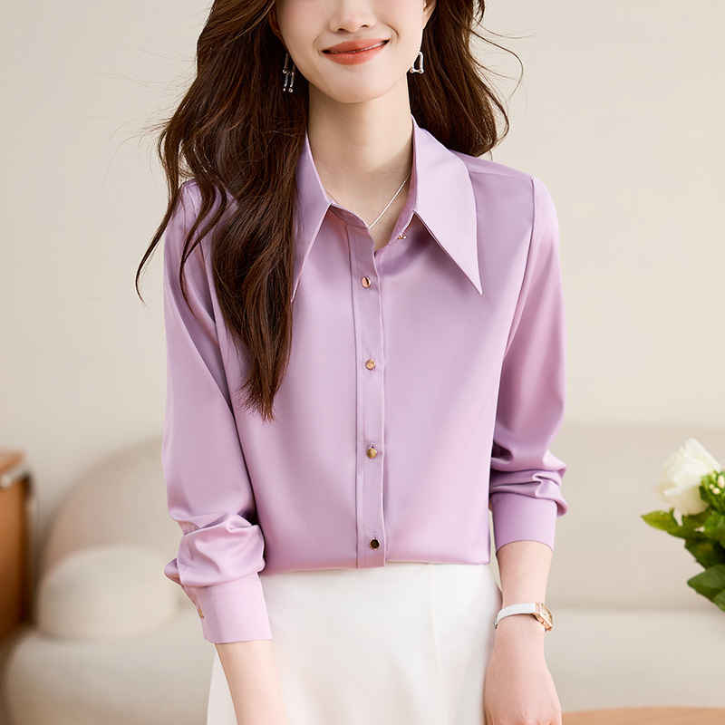 Purple acetate satin long-sleeved shirt women's early spring fashionable western style high-grade OL commuter simple glossy shirt