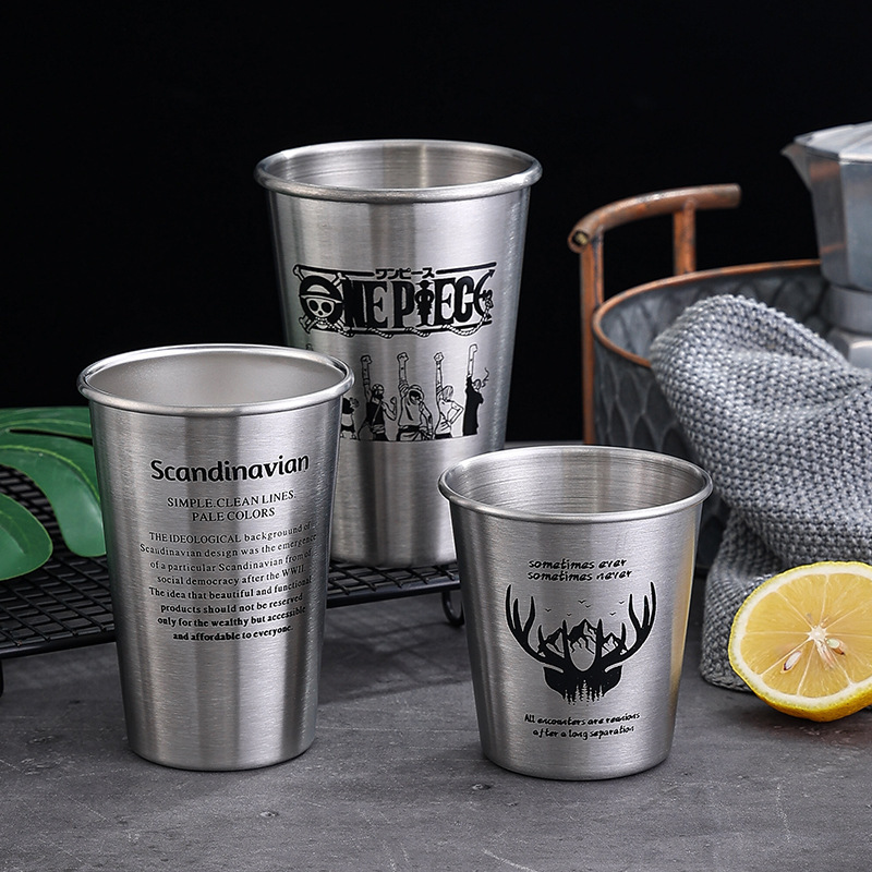 304 stainless steel single-layer cup, thickened beer mug, suitable for commercial restaurants and barbecue establishments, cold drink cup with patterned design, customizable
