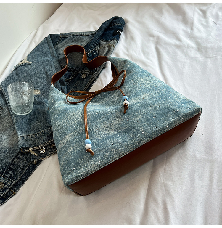615g Weight String Closure Type Single Shoulder Strap Strap Type Shoulder Bag Bags Type Casual, Holiday Occasion Denim Material Sequins Pattern All Seasons Season Women's Gender Elegant, Streetwear Style Dumpling Shape Shape Women's Denim Sequins Elegant Streetwear Dumpling Shape String Shoulder Bag 1