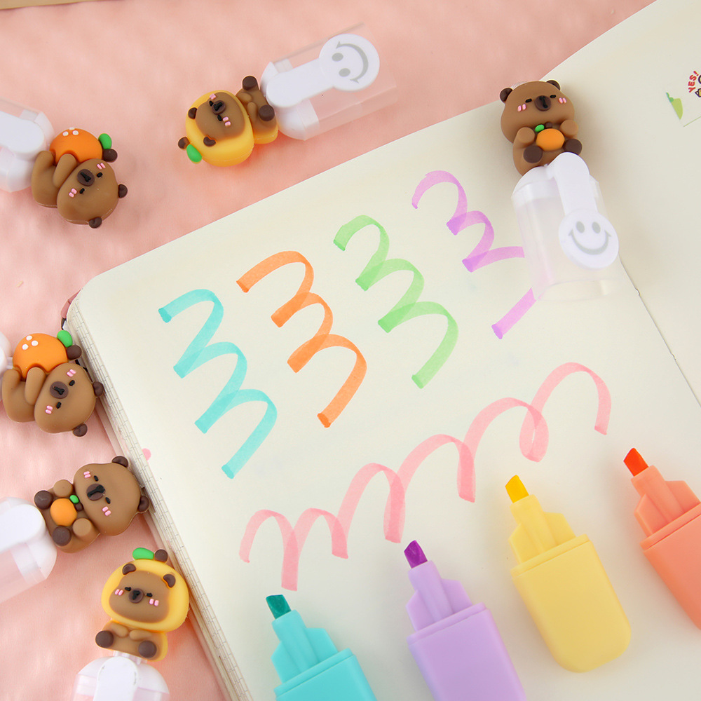 Kapibala Mini resaltador de 6 colores Dibujos animados Juego de alto valor Marcador de color Marcador clave para estudiantes