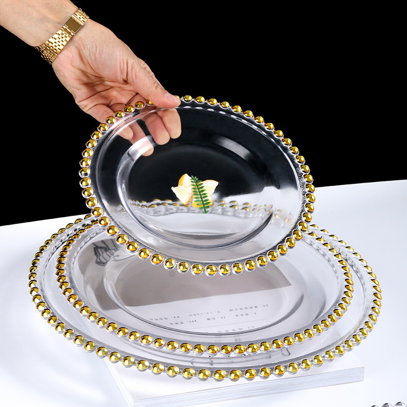 Innovative gold bead point glass plate transparent large bead point plate light luxury steak Western food concave plate household tableware suit Innovative gold bead point glass plate transparent large bead point plate light luxury steak Western food concave plate household tableware suit